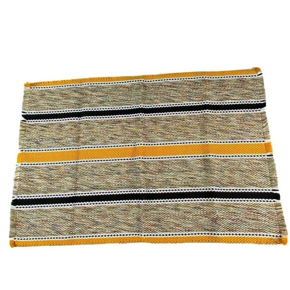 Hand Woven Throw Rug 36x24 Yellow Black Stripe Chindi Rag Reversible‎ Fringe - Picture 1 of 7